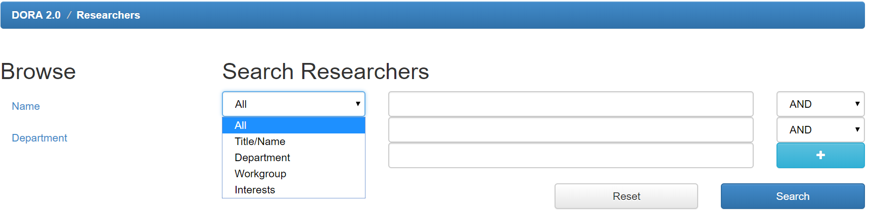 A screen for browsing researchers, looking at filtering options. 
