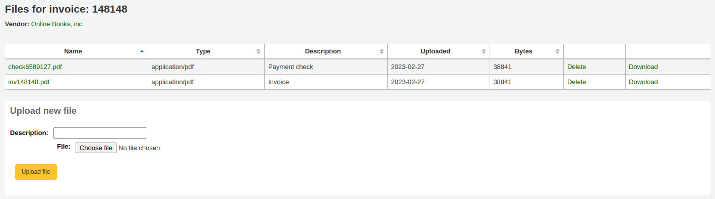 List of attached files to an invoice above the form to upload files