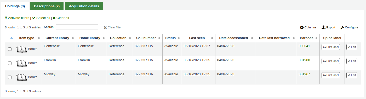 A holdings table in the catalog in the staff interface, the next to last column on the right is titled 'Spine label' and there is a 'Print button' label for each item in the table