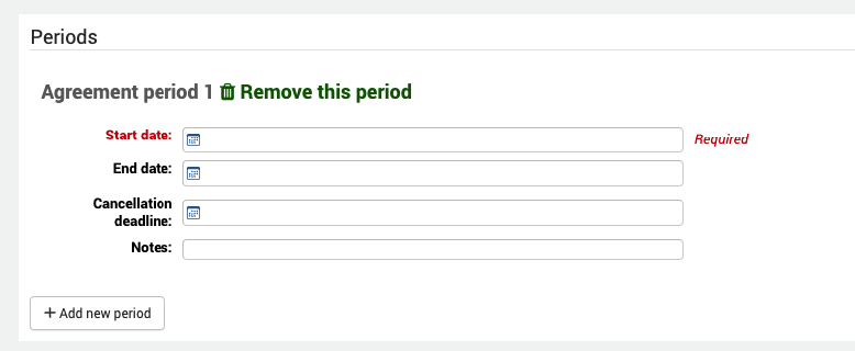 Form for a new agreement period.