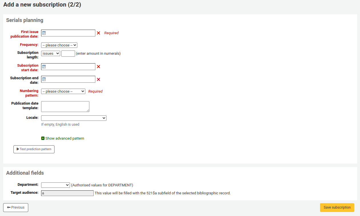 Add a new subscription form (2 of 2), with additional fields at the bottom