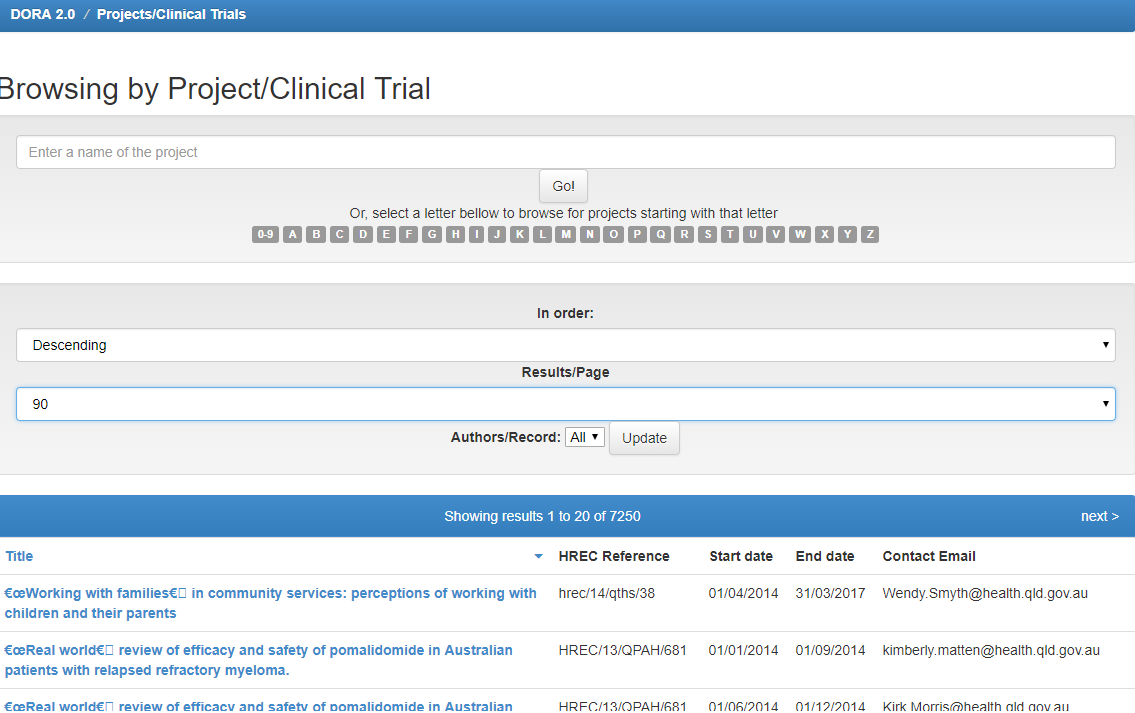 Screen for searching projects/clinical trials alphabetical ordering, and other result ordering methods. 