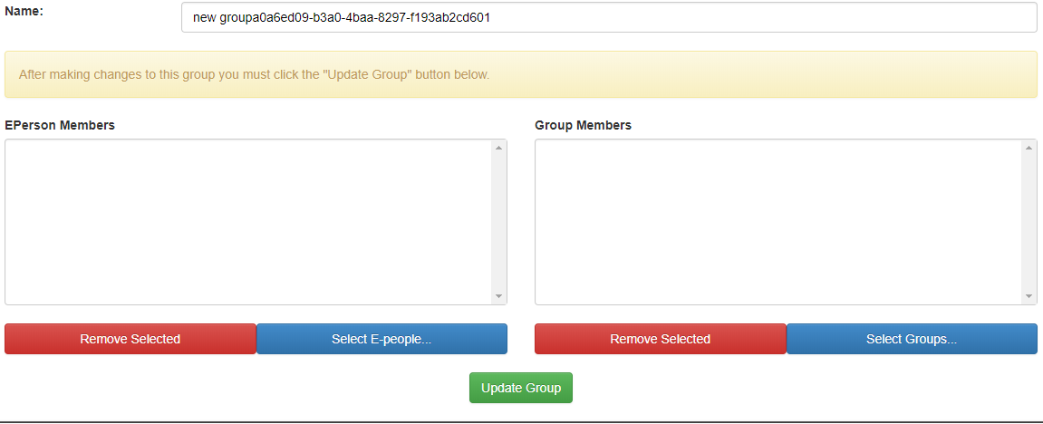 You will be taken to this screen when you create a new group, here you can add e-people and group members. 