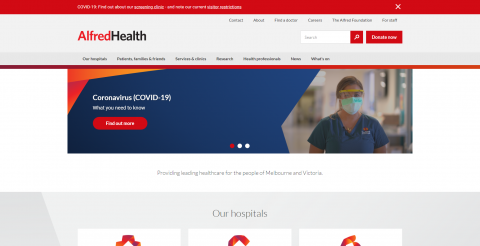 Screenshot of the Alfred Health homepage.
