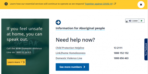 Screenshot of the Family and Community Services NSW homepage. 
